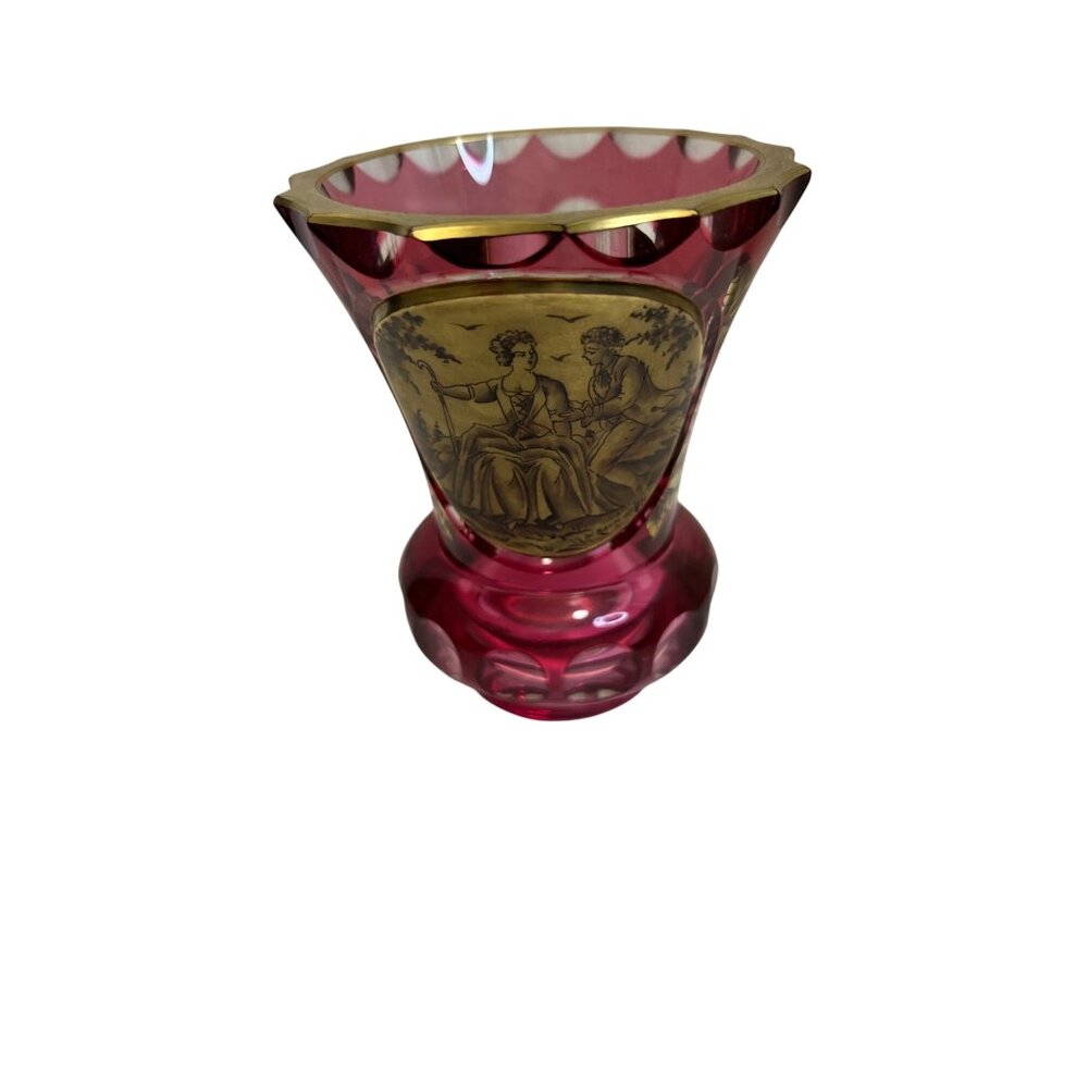 Vintage Ruby Red Crystal Vase With Gold Etching & Floral Engravings